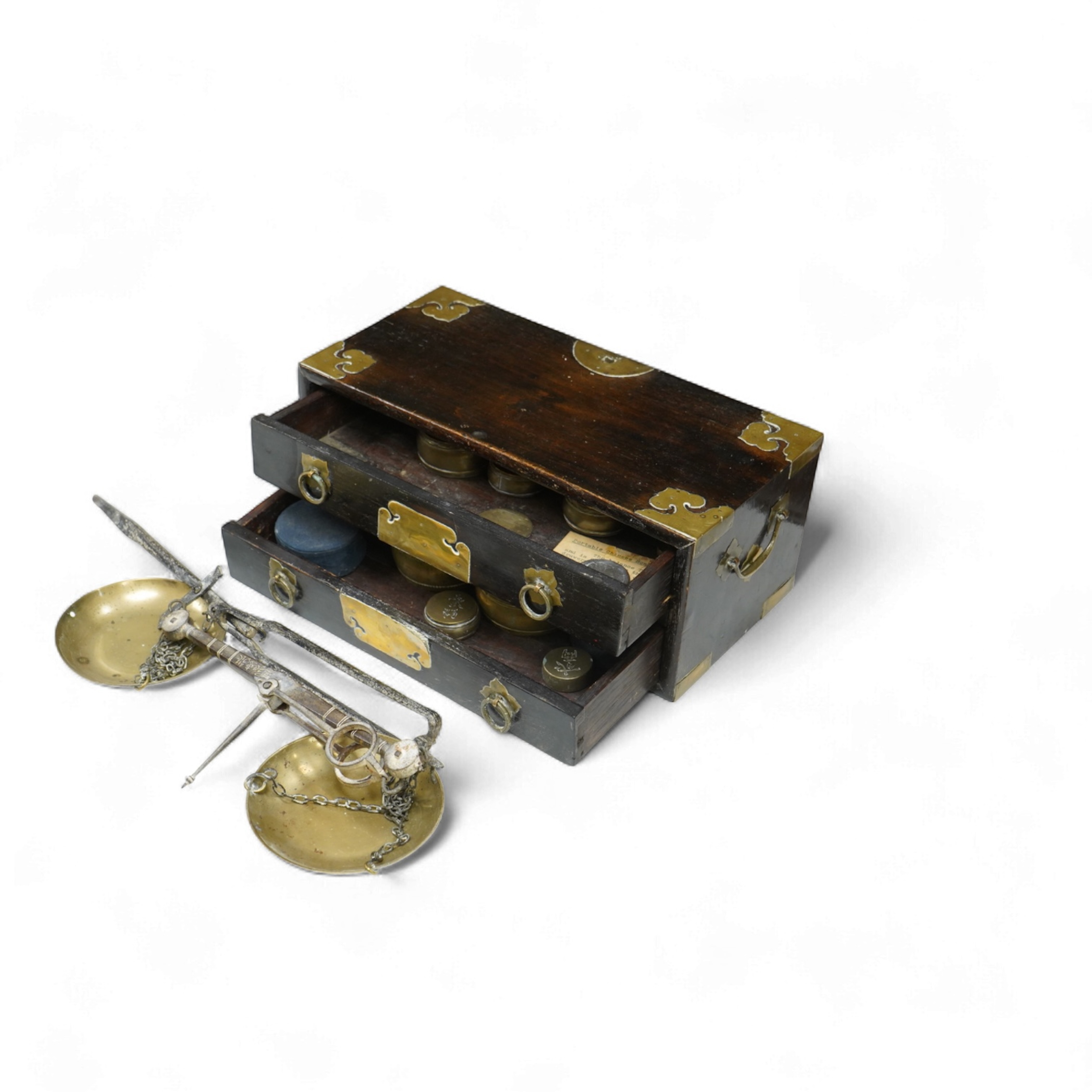 A pair of 19th century Japanese wood and brass mounted scales and weights, 31.5cm wide